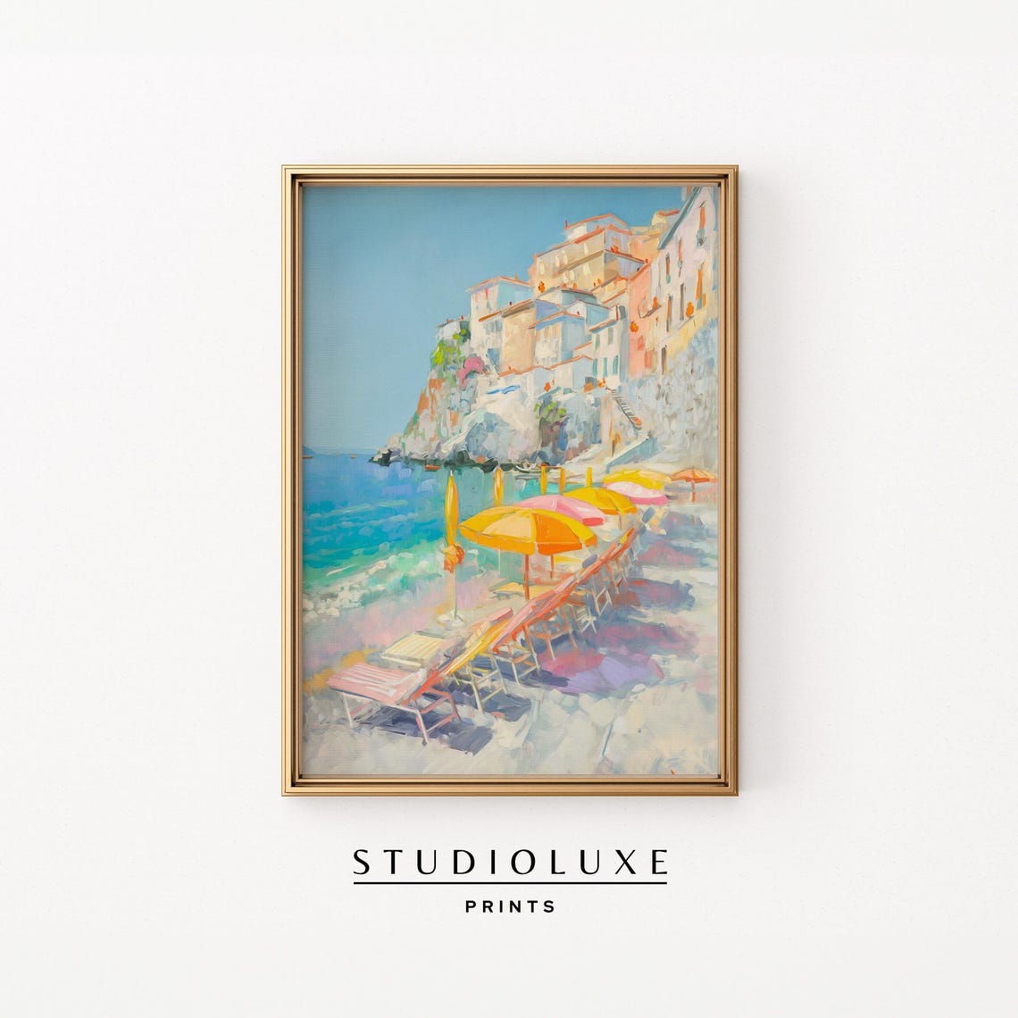 Italian Cliff Town Beach with Colorful Umbrellas Summer Poster