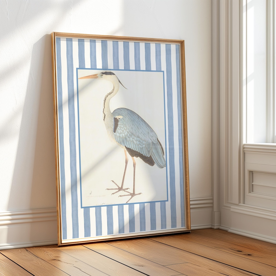 Blue Heron Coastal Bird Art Print, Vintage Nautical