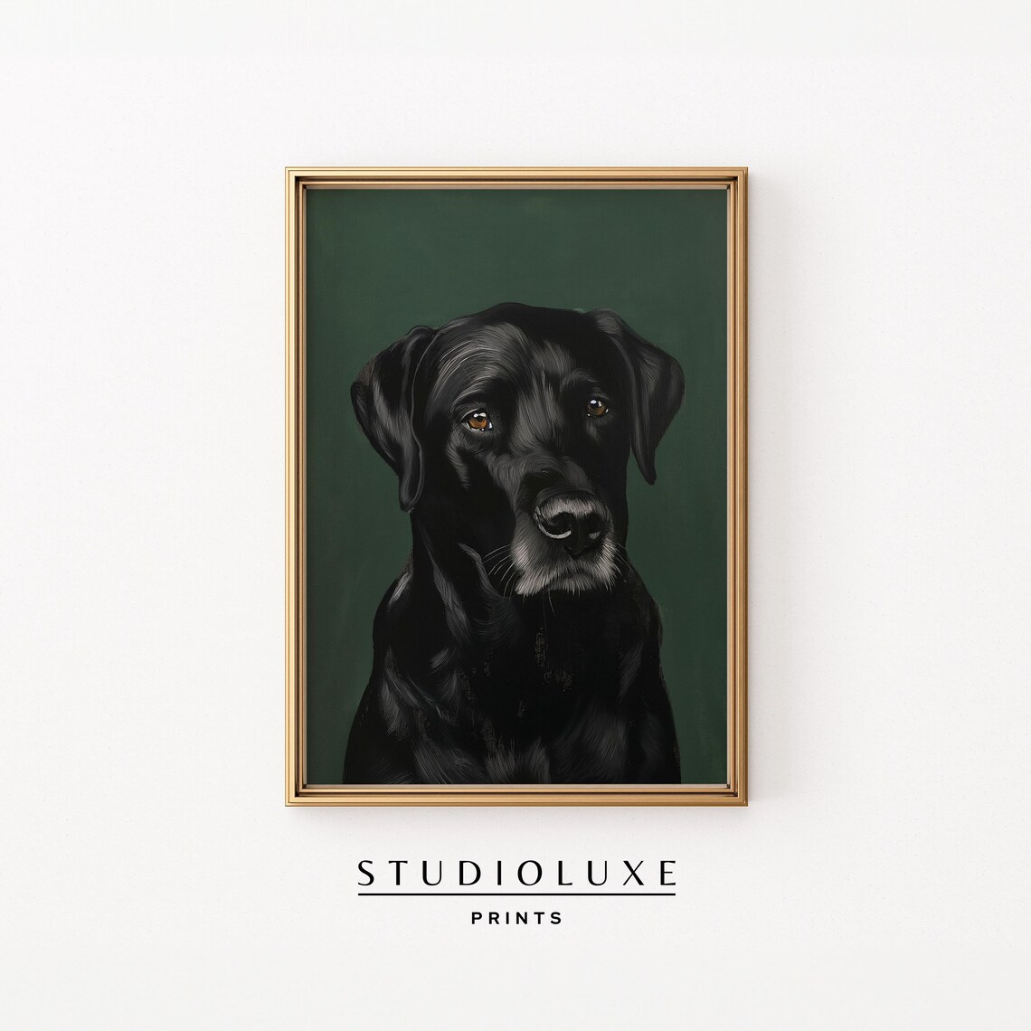 Black Labrador Portrait Poster Regal Dog Breed Dark Green Backdrop Art