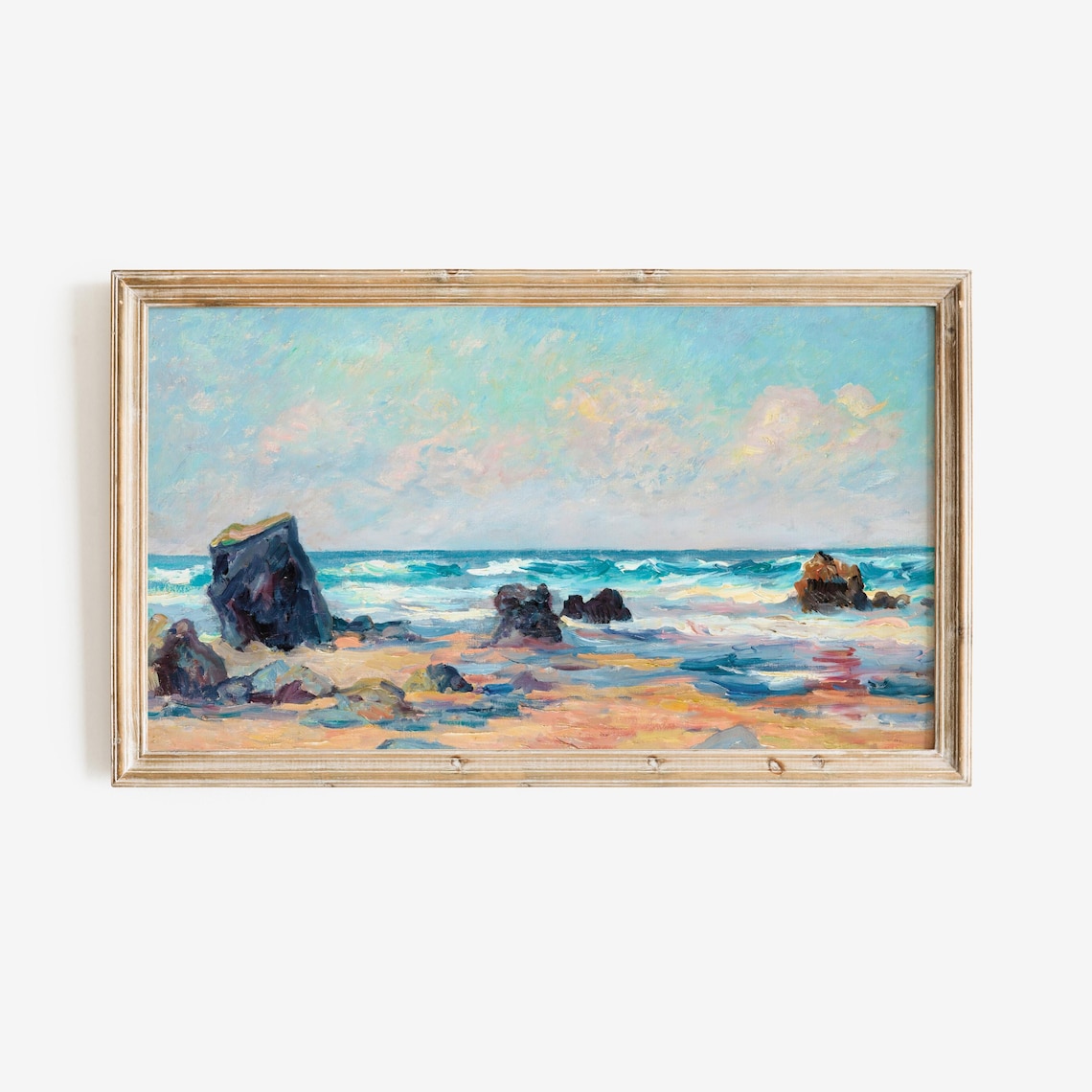 Impressionist Rocky Beach Waves Pastel Sky Coastal Seascape Oil Painting Poster