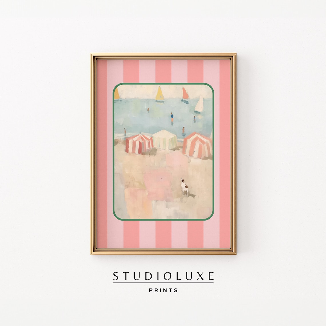 Whimsical Beach Scene with Striped Tents, Sailboats and Dog Art Print