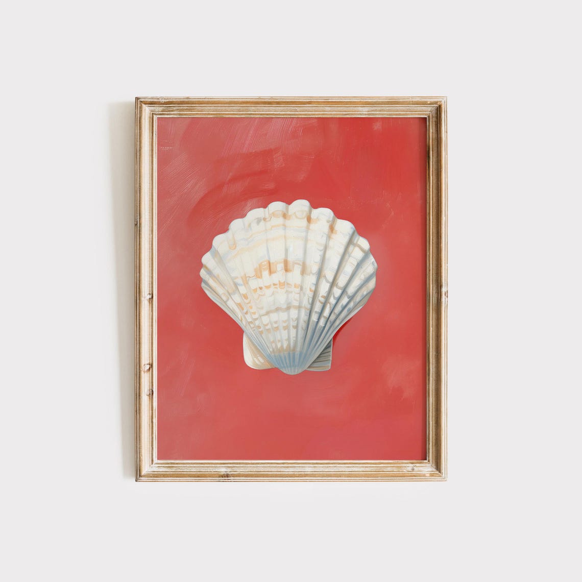 White Scallop Shell Centered on a Bold Painterly Red Background Poster