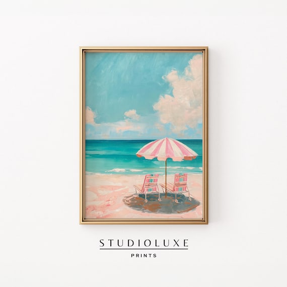 Pink Striped Beach Umbrella with Chairs by Turquoise Sea Poster