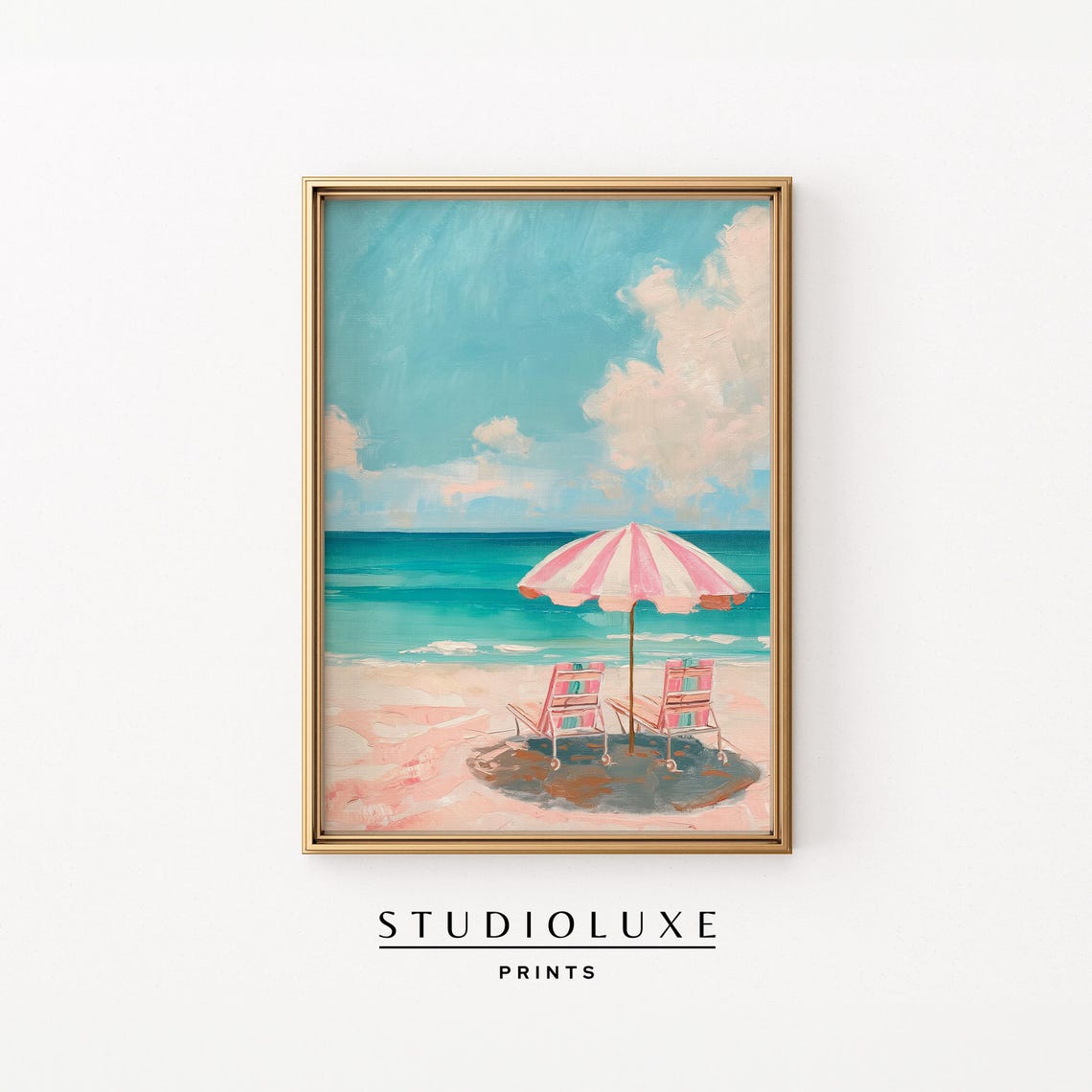 Pink Striped Beach Umbrella with Chairs by Turquoise Sea Poster