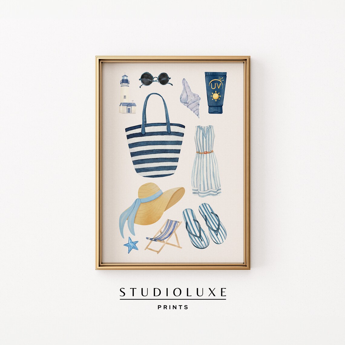 Beach Day Essentials Watercolor Lighthouse Tote Bag Sunglasses Art Poster