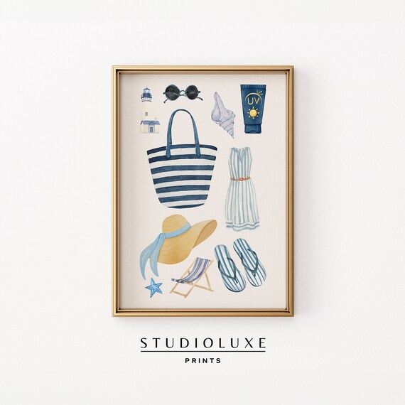 Beach Day Essentials Watercolor Lighthouse Tote Bag Sunglasses Art Poster