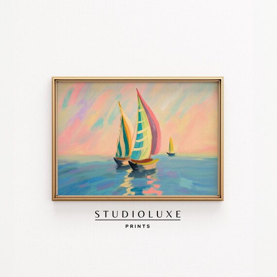 Pastel Sailboats on a Blue Ocean Sunset Seascape Oil Painting Print