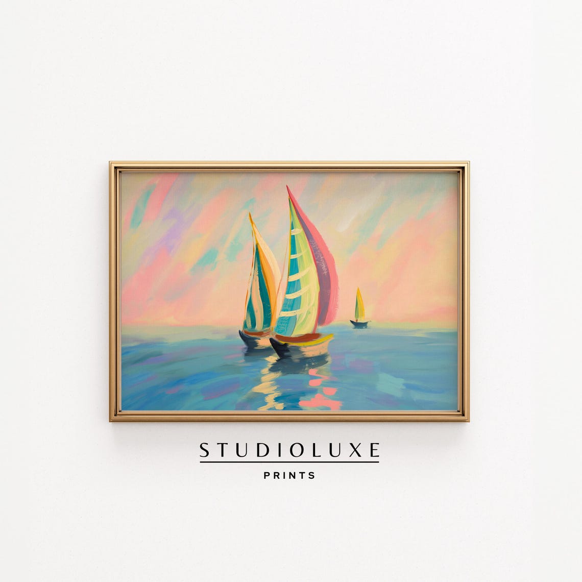 Pastel Sailboats on a Blue Ocean Sunset Seascape Oil Painting Print