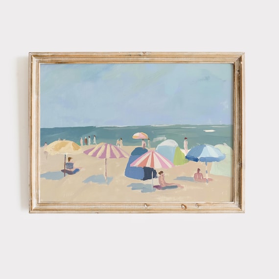 Pastel Beach Umbrellas Seaside Scene Summer Afternoon Poster