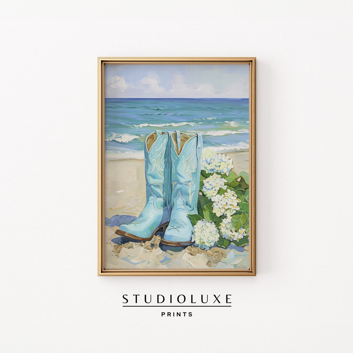 Coastal Cowgirl Boots Ocean Hydrangeas Beach Western Style Art Poster