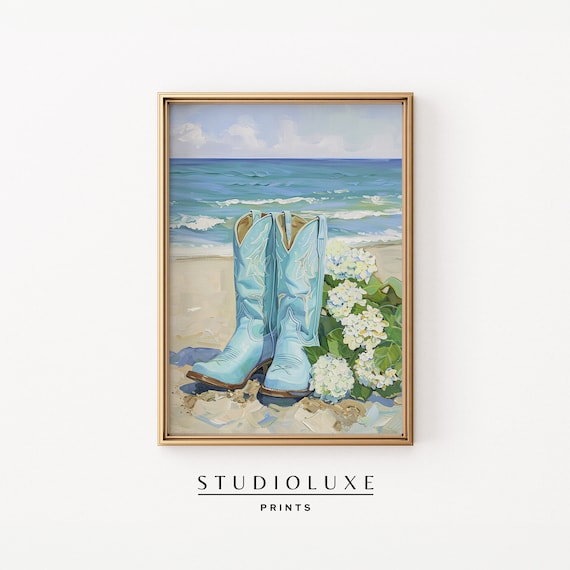 Coastal Cowgirl Boots Ocean Hydrangeas Beach Western Style Art Poster