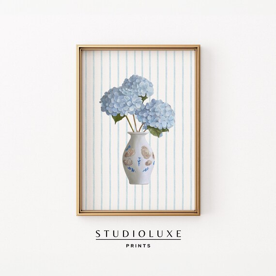 Blue Hydrangeas Oyster Shell Vase Coastal Floral Still Life Poster