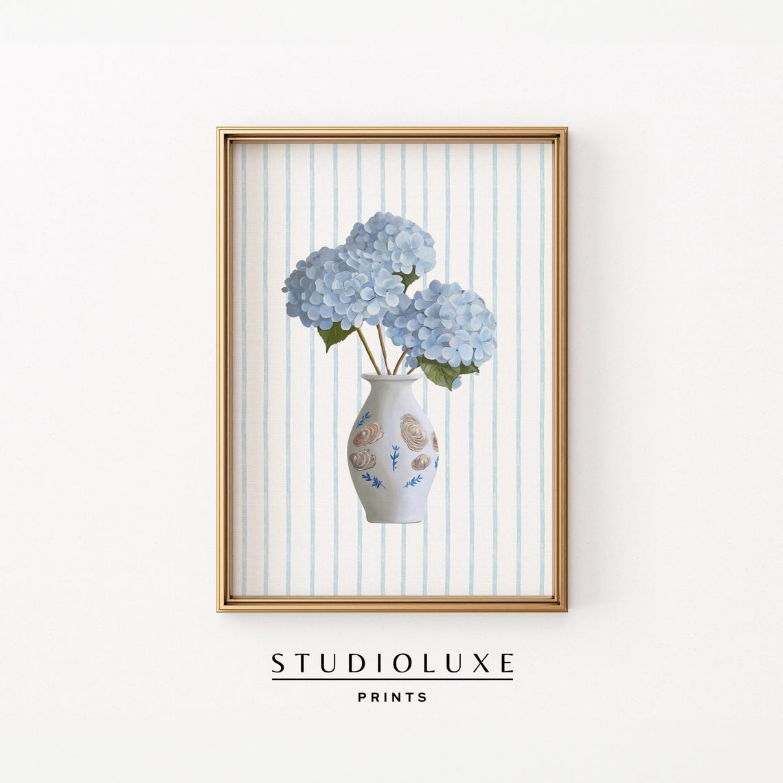 Blue Hydrangeas Oyster Shell Vase Coastal Floral Still Life Poster