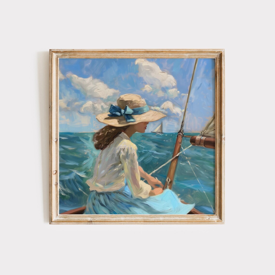 Woman in Straw Hat Sailing on Sparkling Blue Sea Impressionist Poster