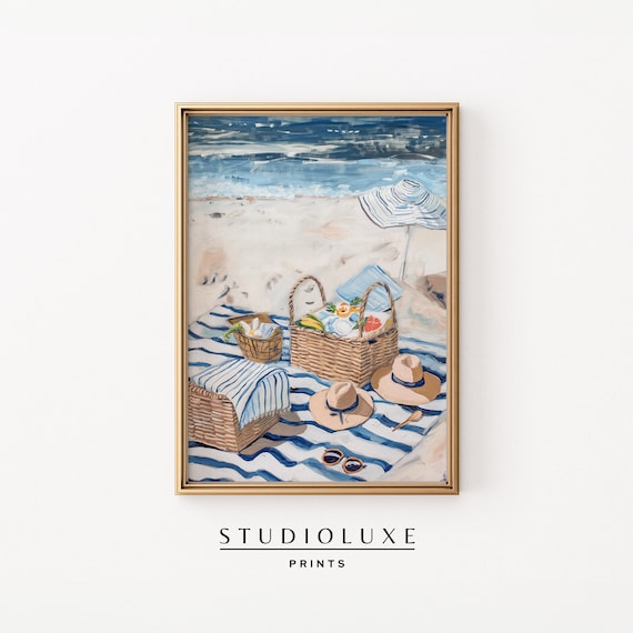 Beach Picnic Spread Cake Wine Strawberries Umbrella Ocean Art Poster