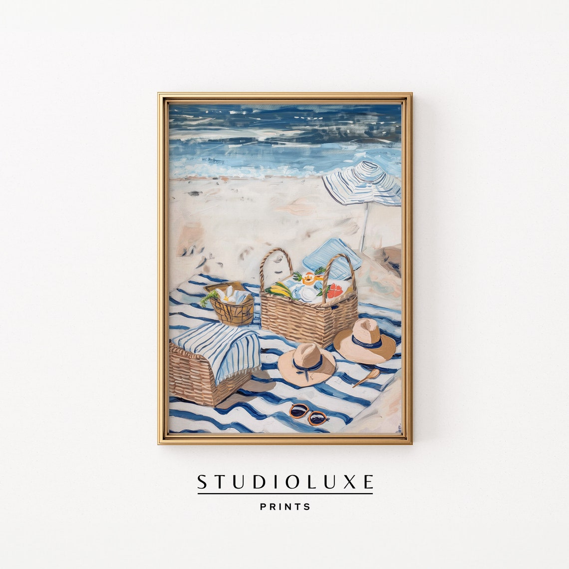 Beach Picnic Spread Cake Wine Strawberries Umbrella Ocean Art Poster