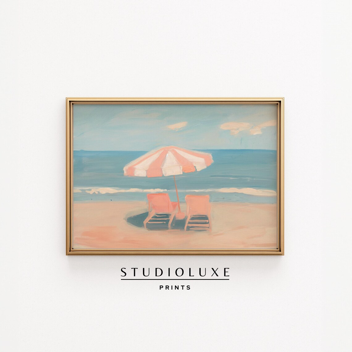Coral Striped Umbrella And Beach Chairs Pastel Ocean Scene Poster