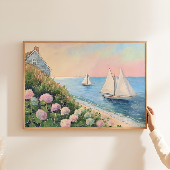 Coastal Cottage with Sailboats Pastel Seaside Scene Art Poster