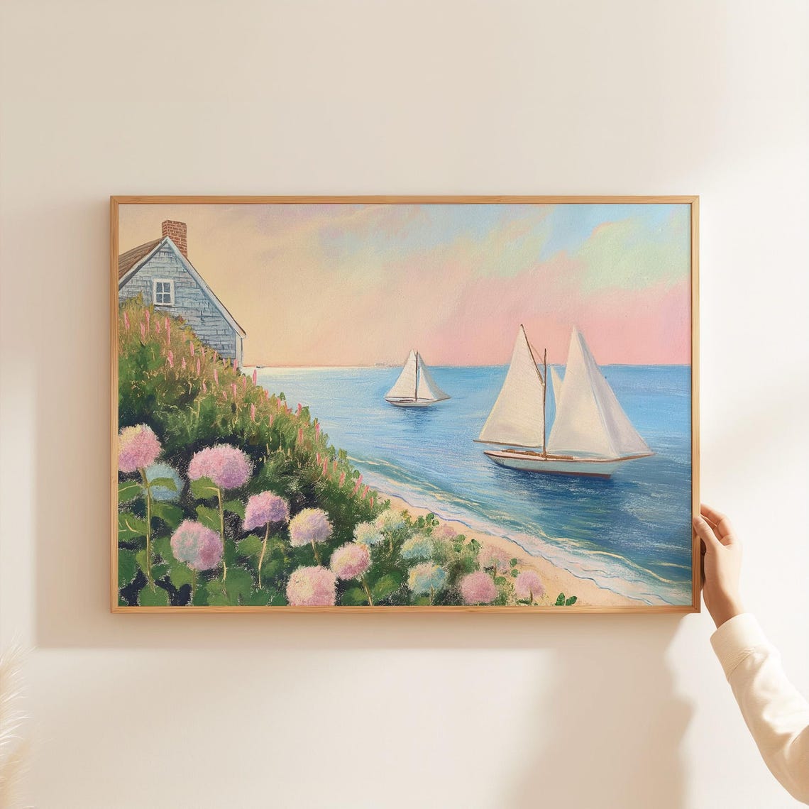 Coastal Cottage with Sailboats Pastel Seaside Scene Art Poster