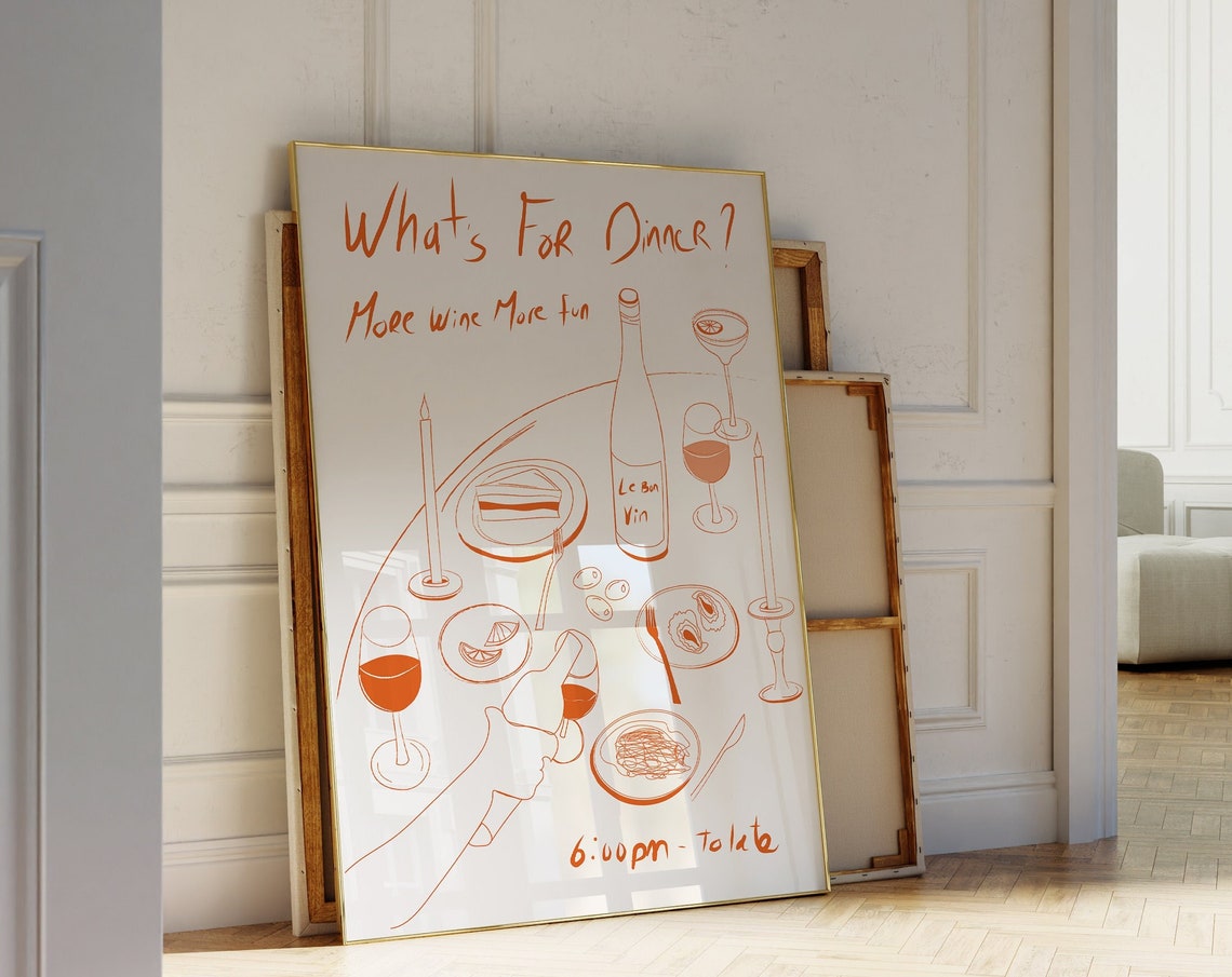 What's For Dinner More Wine More Fun Hand Drawn Kitchen Wall Art