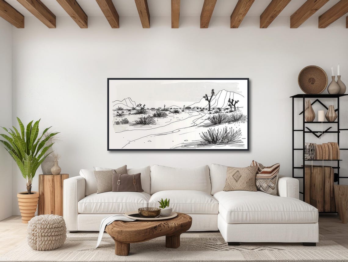 Black White Desert Sketch Joshua Tree Mountain Ink Drawing Wall Poster - Image 3
