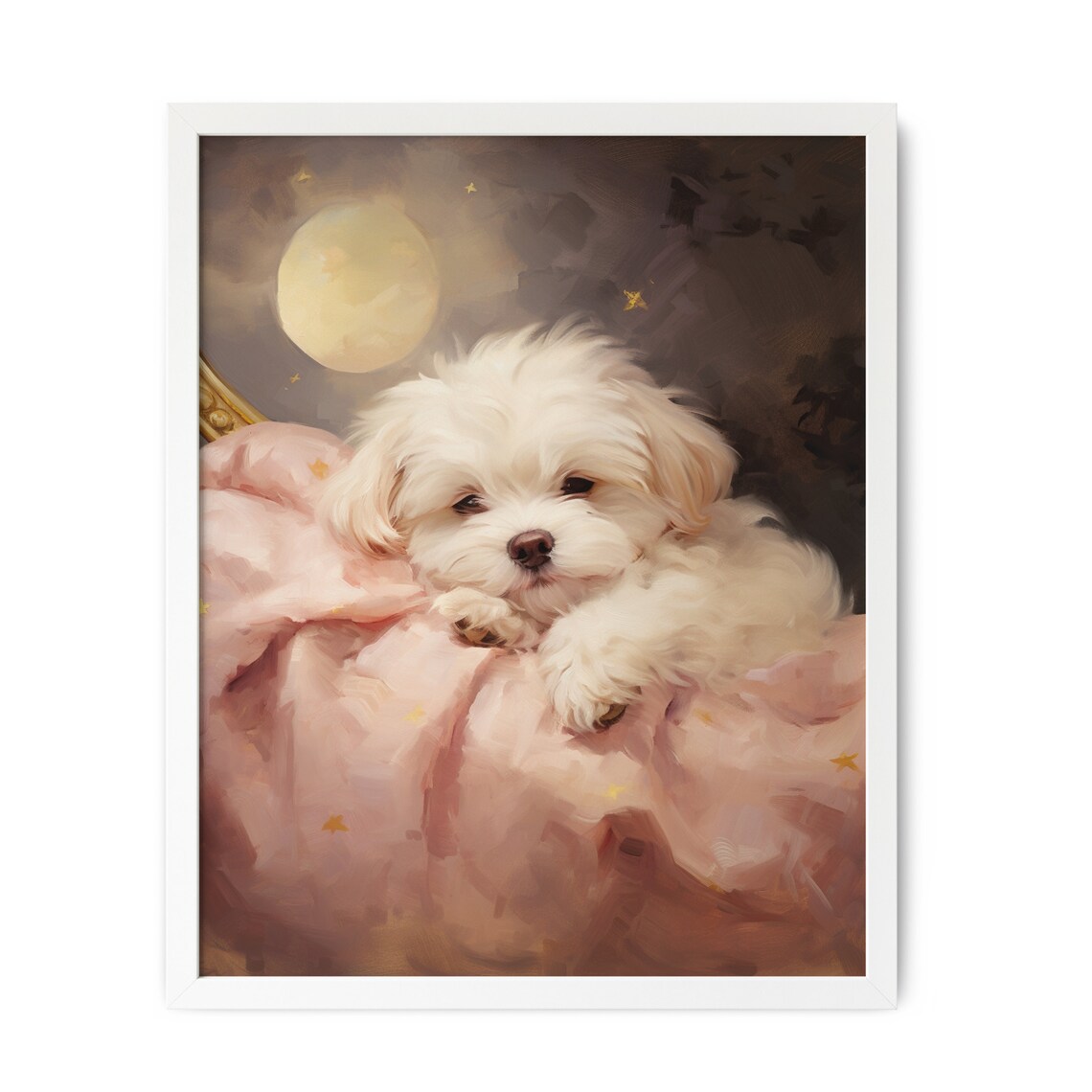 Maltese Dog Puppy Nursery Art, Sleepy Moon Watercolor