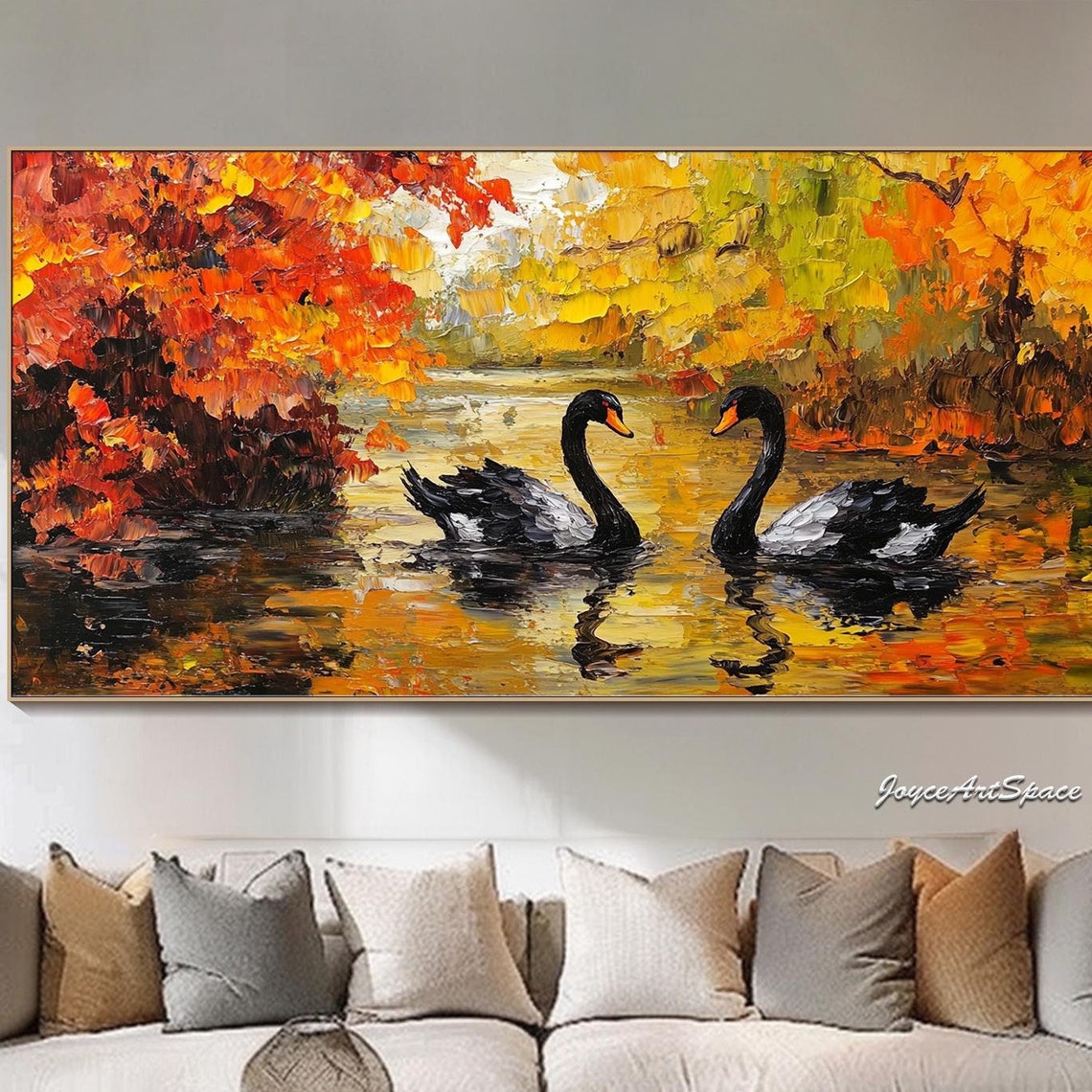 Two Black Swans Autumn Lake Fiery Foliage 3D Impasto Wall Art