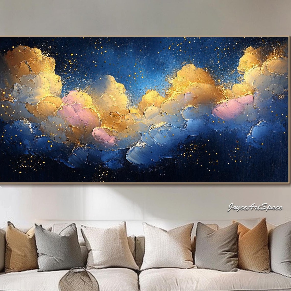 Golden Clouds Night Sky Abstract 3D Textured Impasto Wall Art