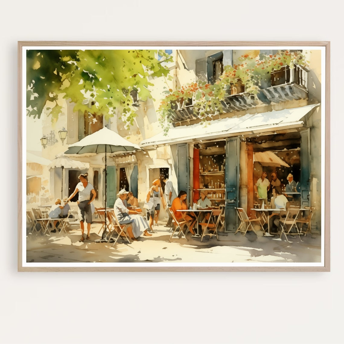 Sunlit French Cafe Terrace Watercolor Mediterranean Art Poster