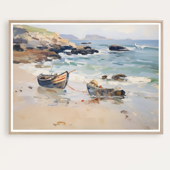 Rowboats On Sandy Shore Vintage Coastal Painting Scene Art Poster