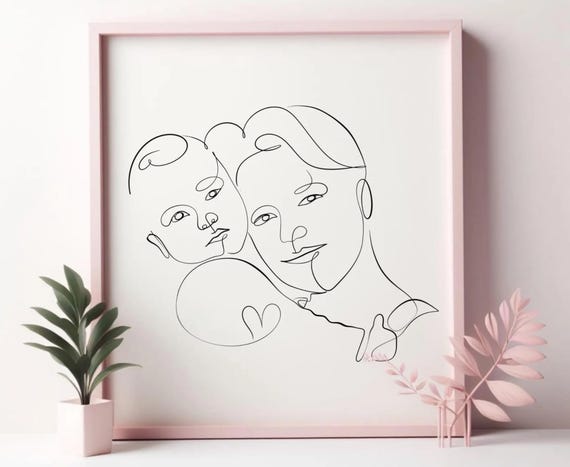 Custom Line Art Portrait, Minimalist Mom And Baby
