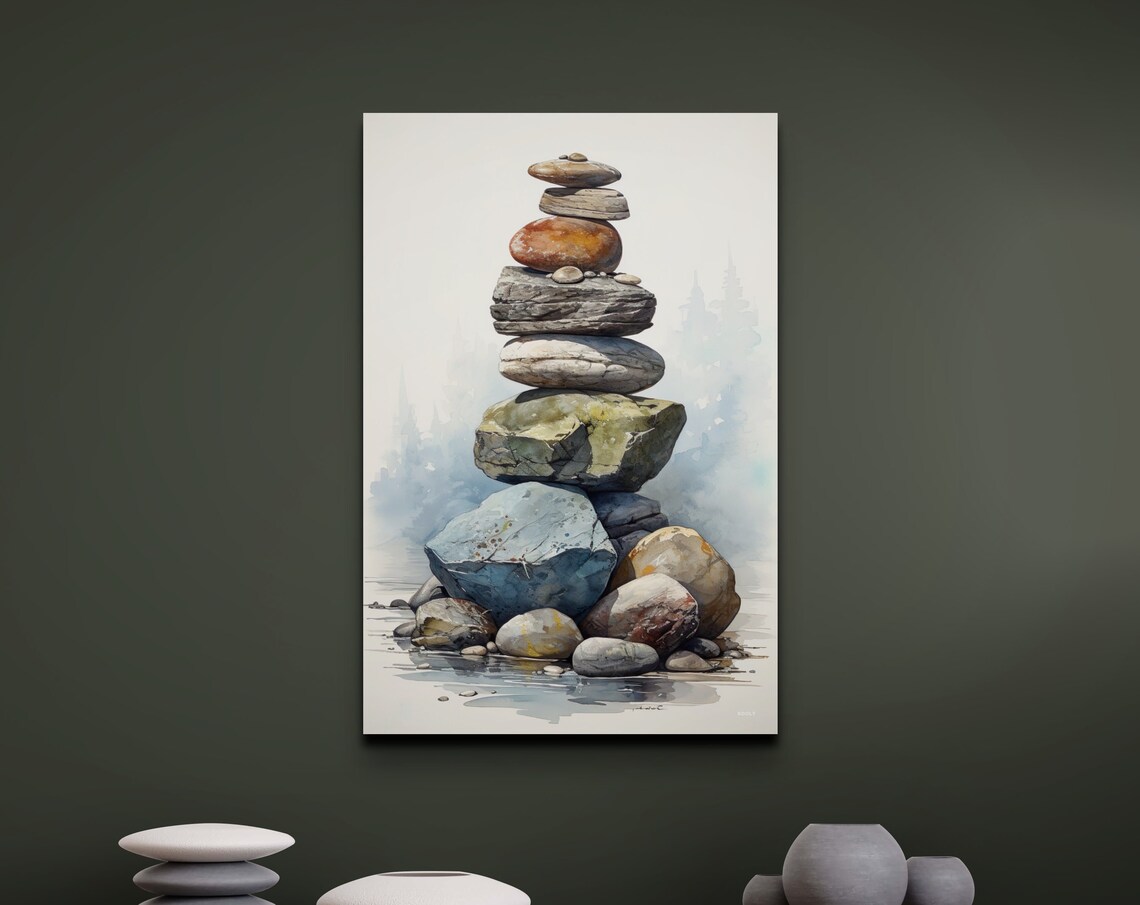 Zen Rock Stacking Spa Artwork, Meditating Art Print