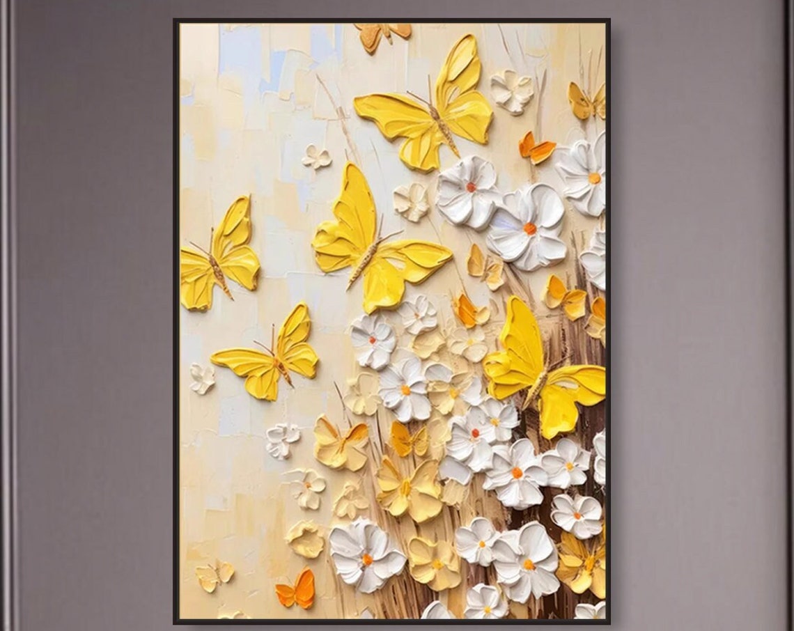 Yellow Butterflies and White Daisies 3D Textured Oil Painting Wall Art