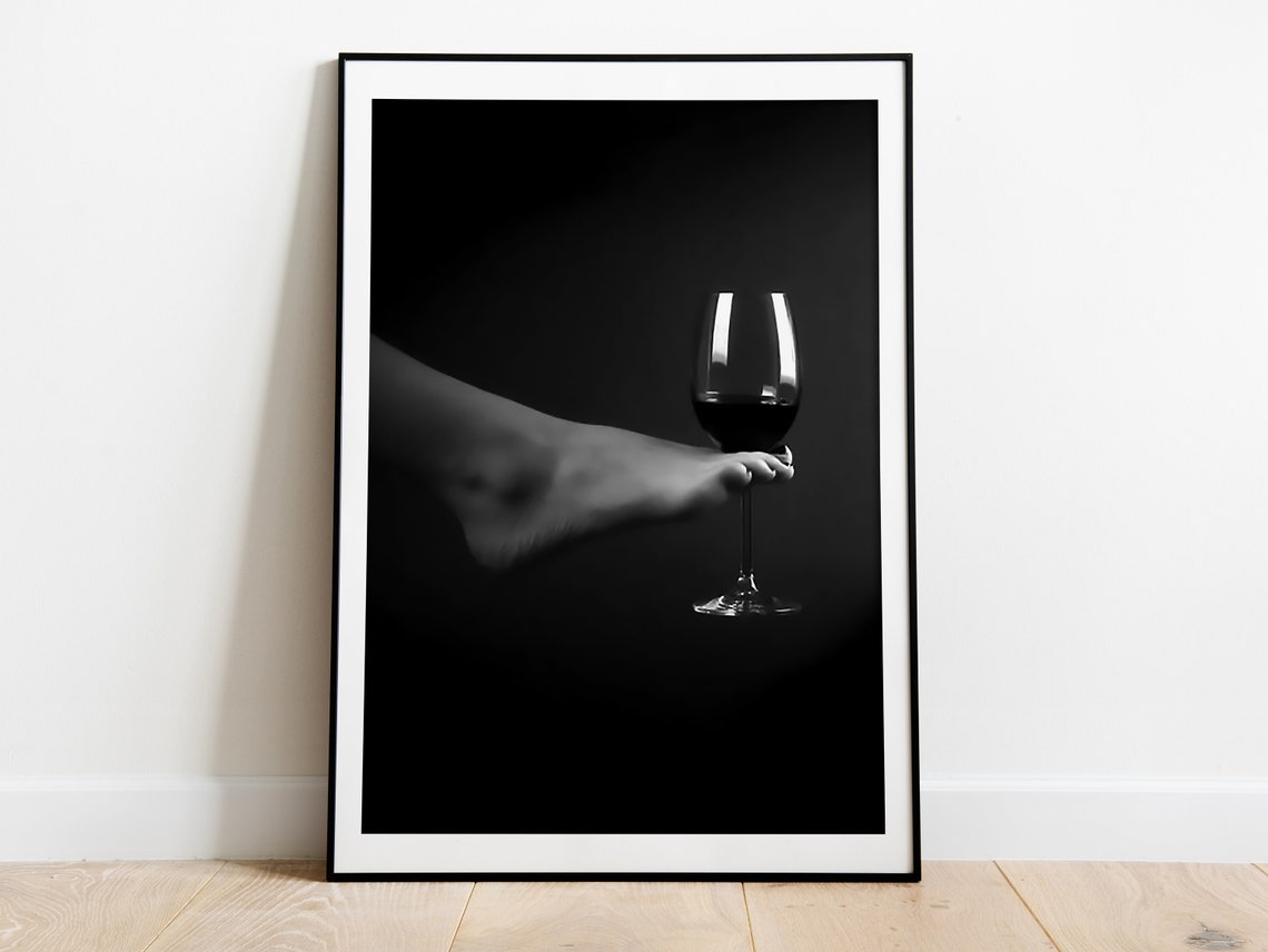 Bare Foot Touching Red Wine Glass Dark Moody Black and White Poster - Image 2