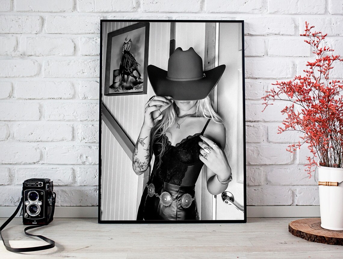 Western Cowgirl Lace Top Concho Belt Black And White Fashion Poster - Image 2