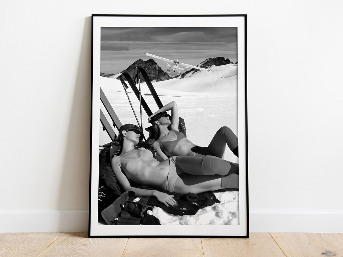 Vintage Bikini Ski Girls Black and White Ski Poster - Image 3