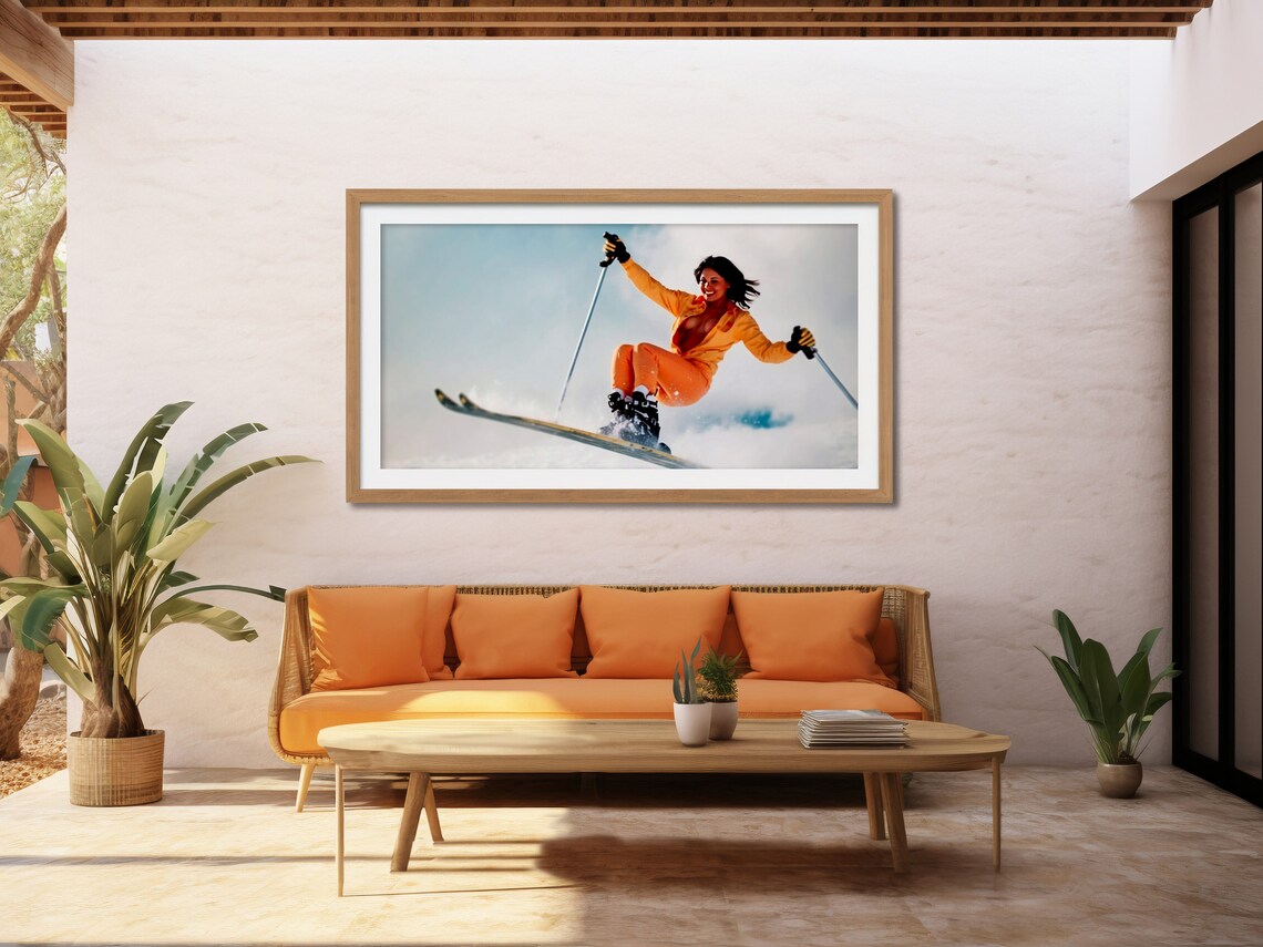 Vintage Skier Woman In Orange Jumpsuit Mid Air Jump Retro Ski Poster - Image 2