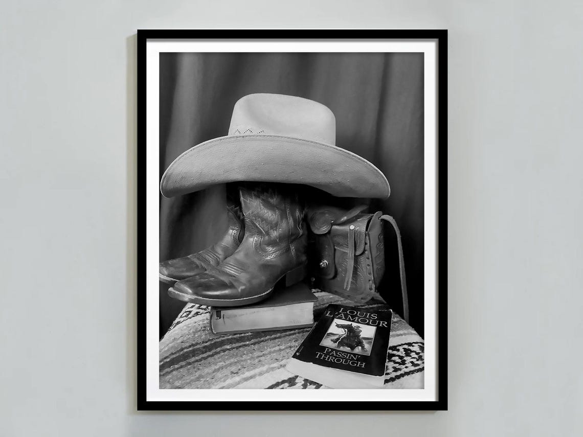 Cowboy Boots Hat and Louis Lamour Book Western Still Life Poster