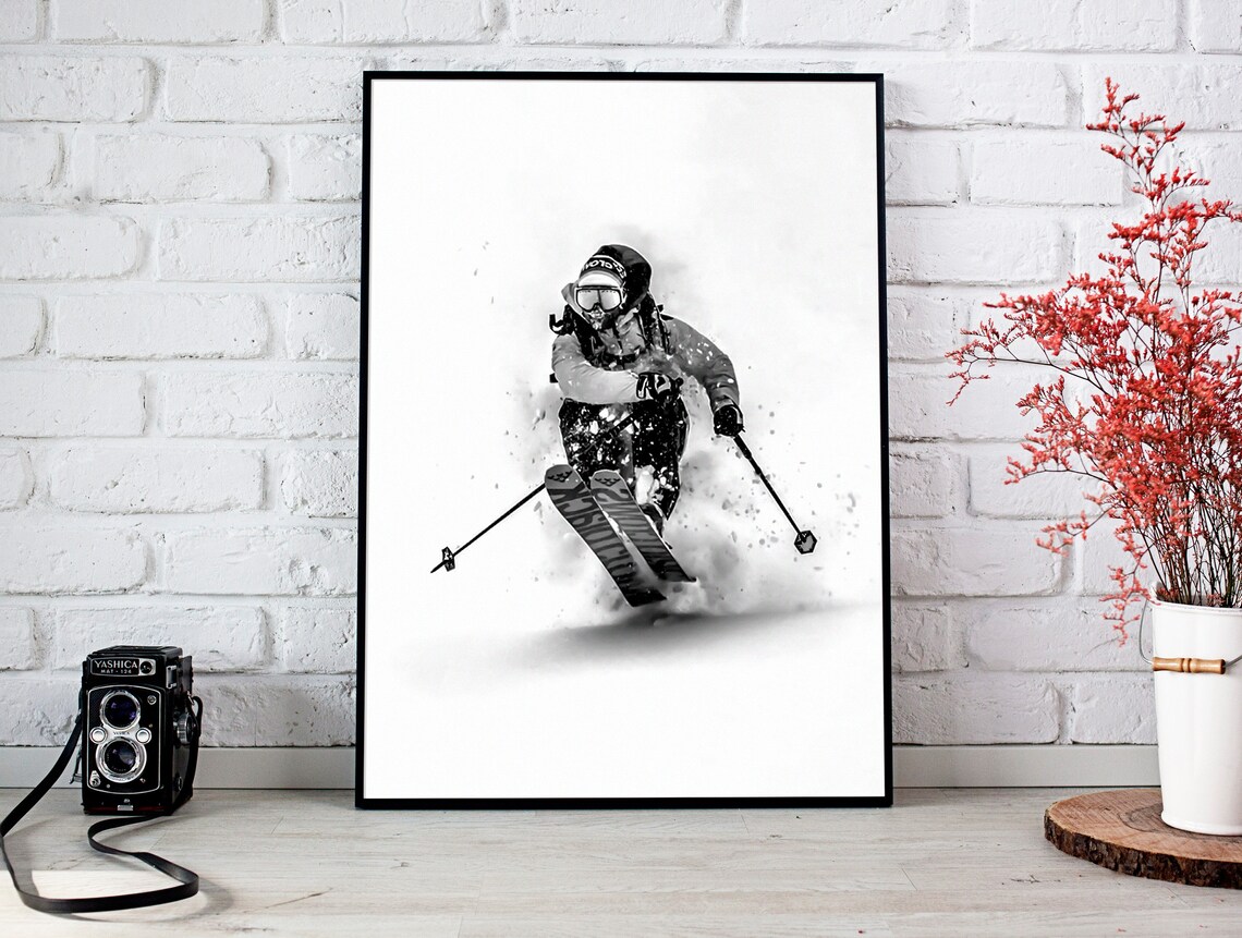 Skier Carving Through Powder Snow Dynamic Black And White Action Poster - Image 2
