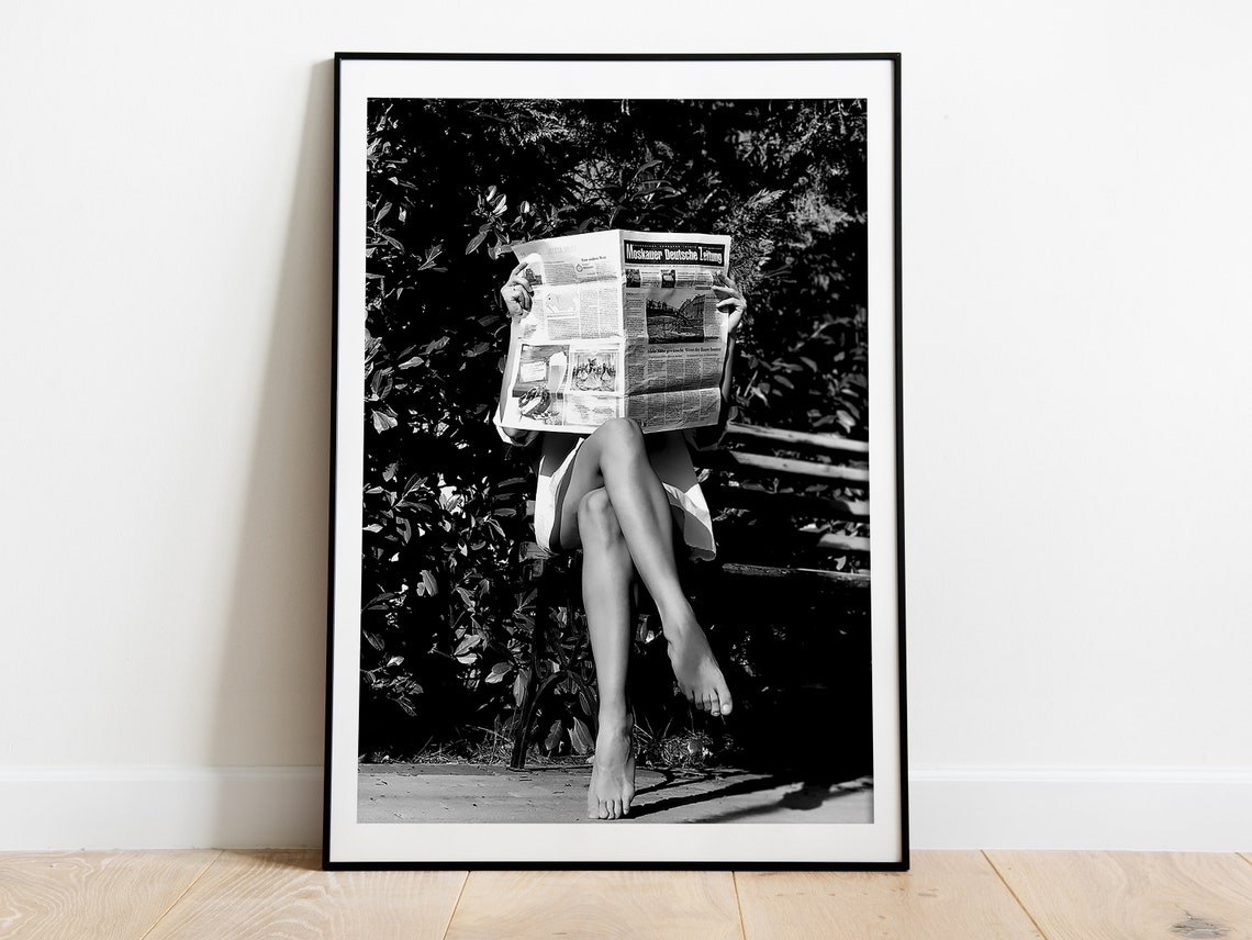 Woman Hiding Behind Newspaper On Park Bench Black And White Poster - Image 3