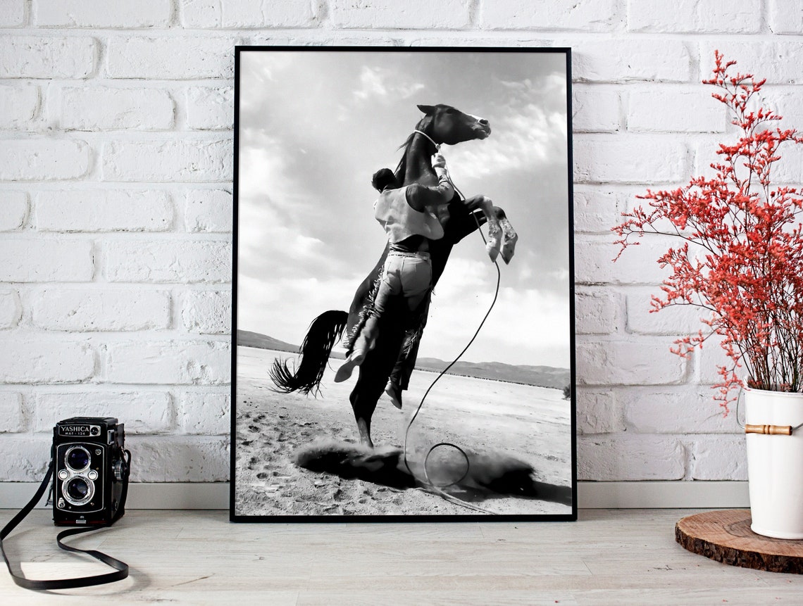Cowboy Rearing Horse Rodeo Black White Western Action Poster - Image 2