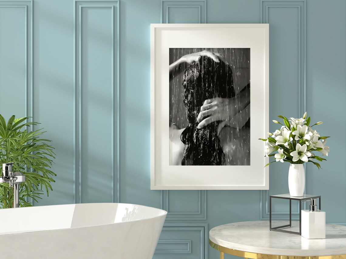 Woman Showering Wet Hair Flowing Black and White Art Photo Poster - Image 3