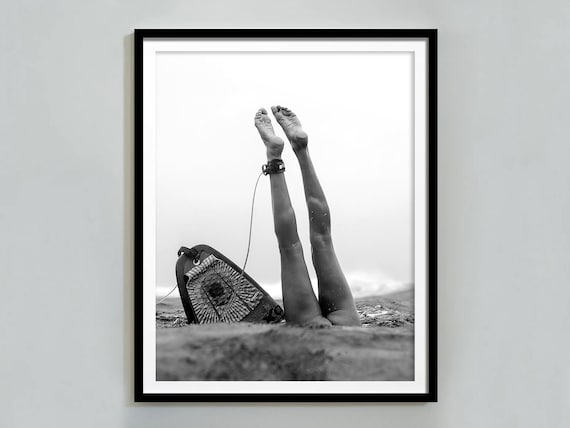Surfer Girl Wipeout Legs Up With Surfboard Black and White Poster