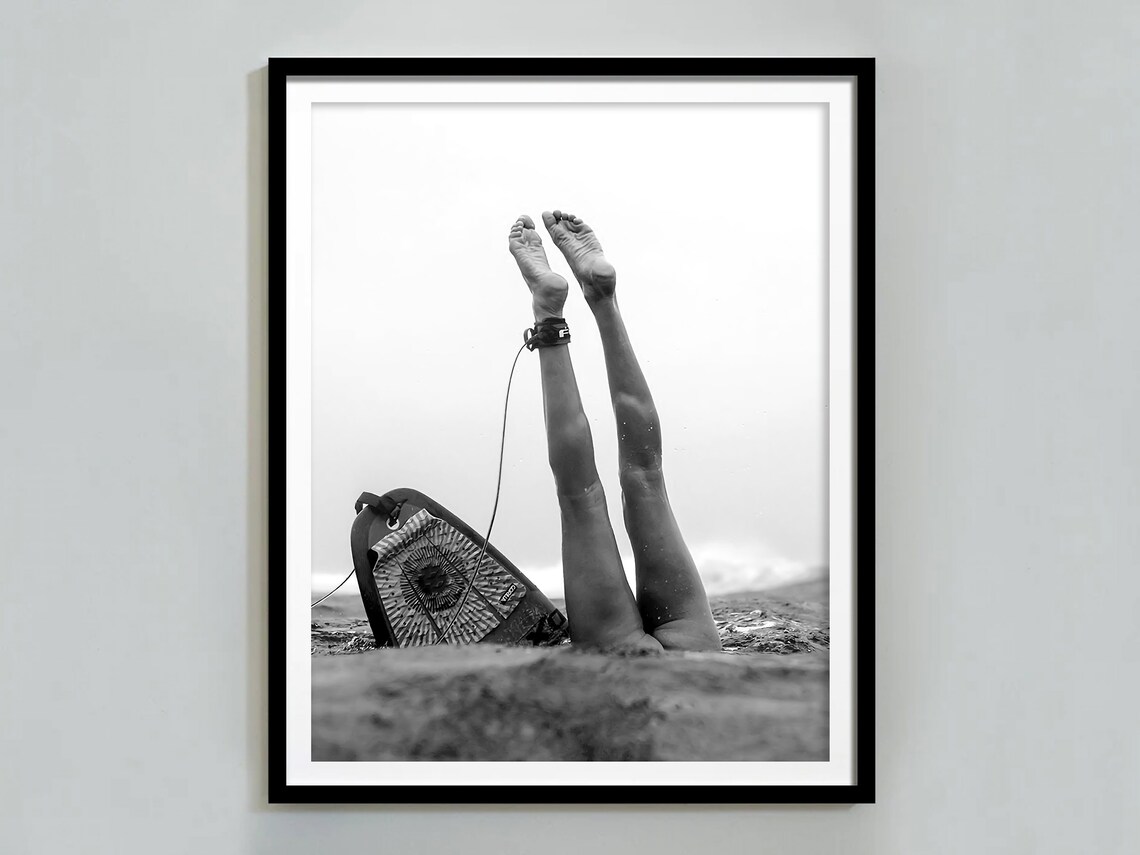 Surfer Girl Wipeout Legs Up With Surfboard Black and White Poster