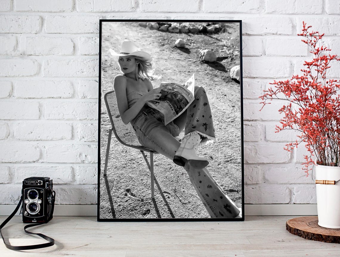 Cowgirl Reading Newspaper Desert Black And White Western Print - Image 2