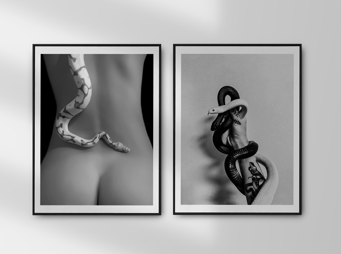 Snakes Coiled Around Tattooed Arm Black and White Art Photo Poster - Image 2