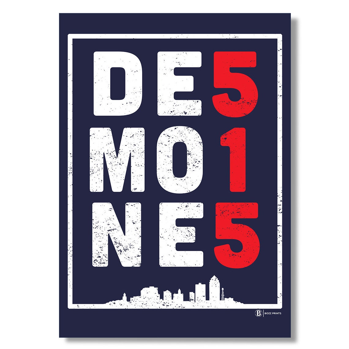 Des Moines 515 Typography Poster Navy Red Area Code Skyline Wall Decor