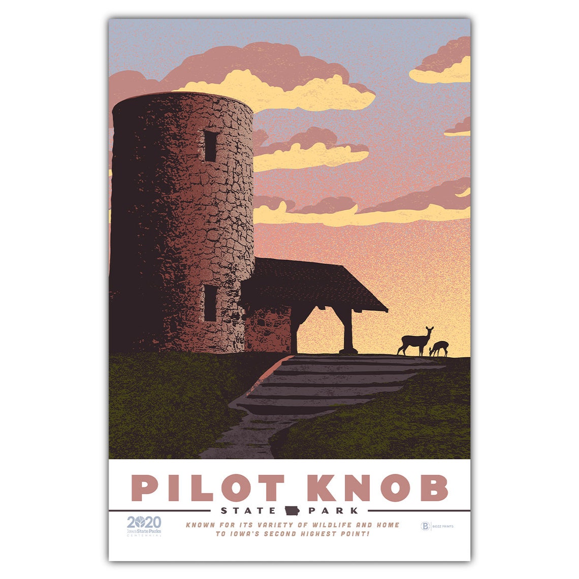 Pilot Knob State Park Stone Tower Sunset Deer Wildlife Art Poster