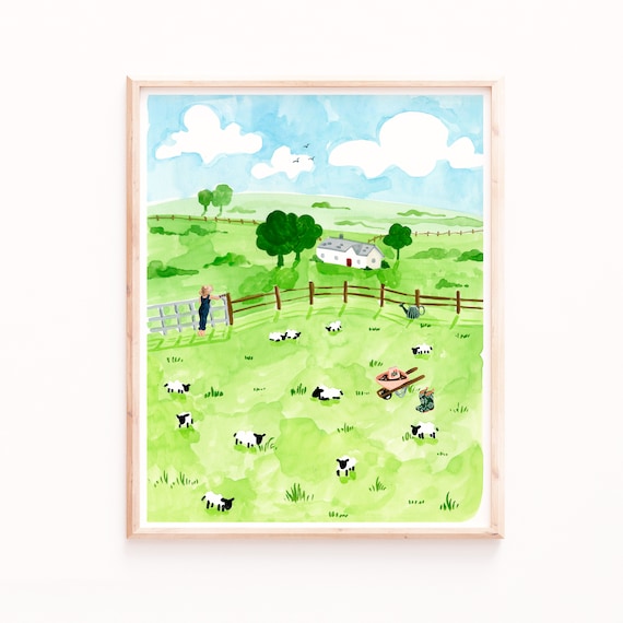Sheep Field Painting Ireland Art Print, Farmhouse Decor