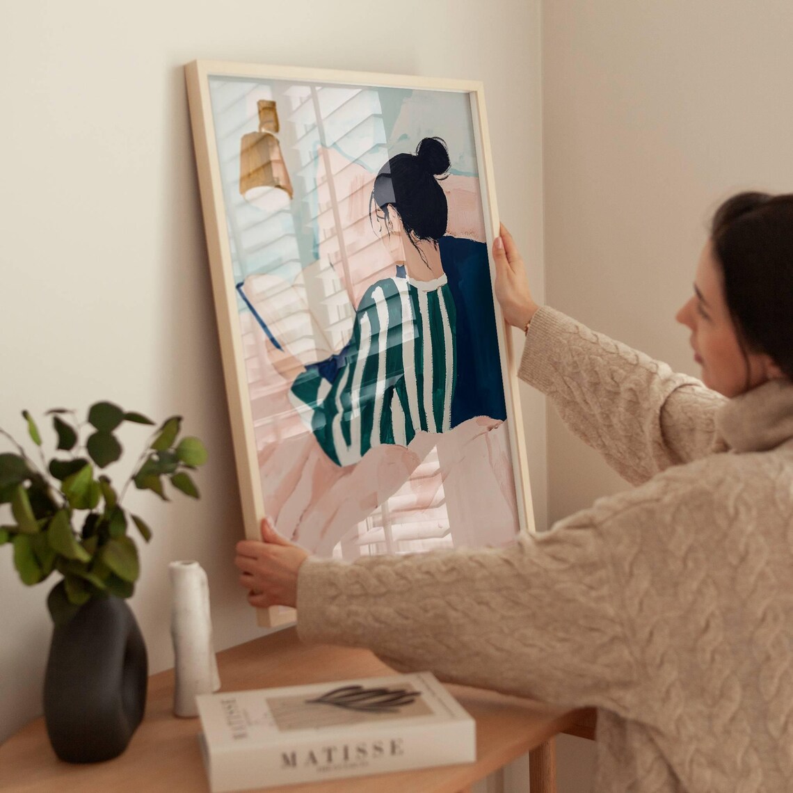 Woman Reading in Bed Cozy Book Lover Illustration Green Stripe Wall Art - Image 2